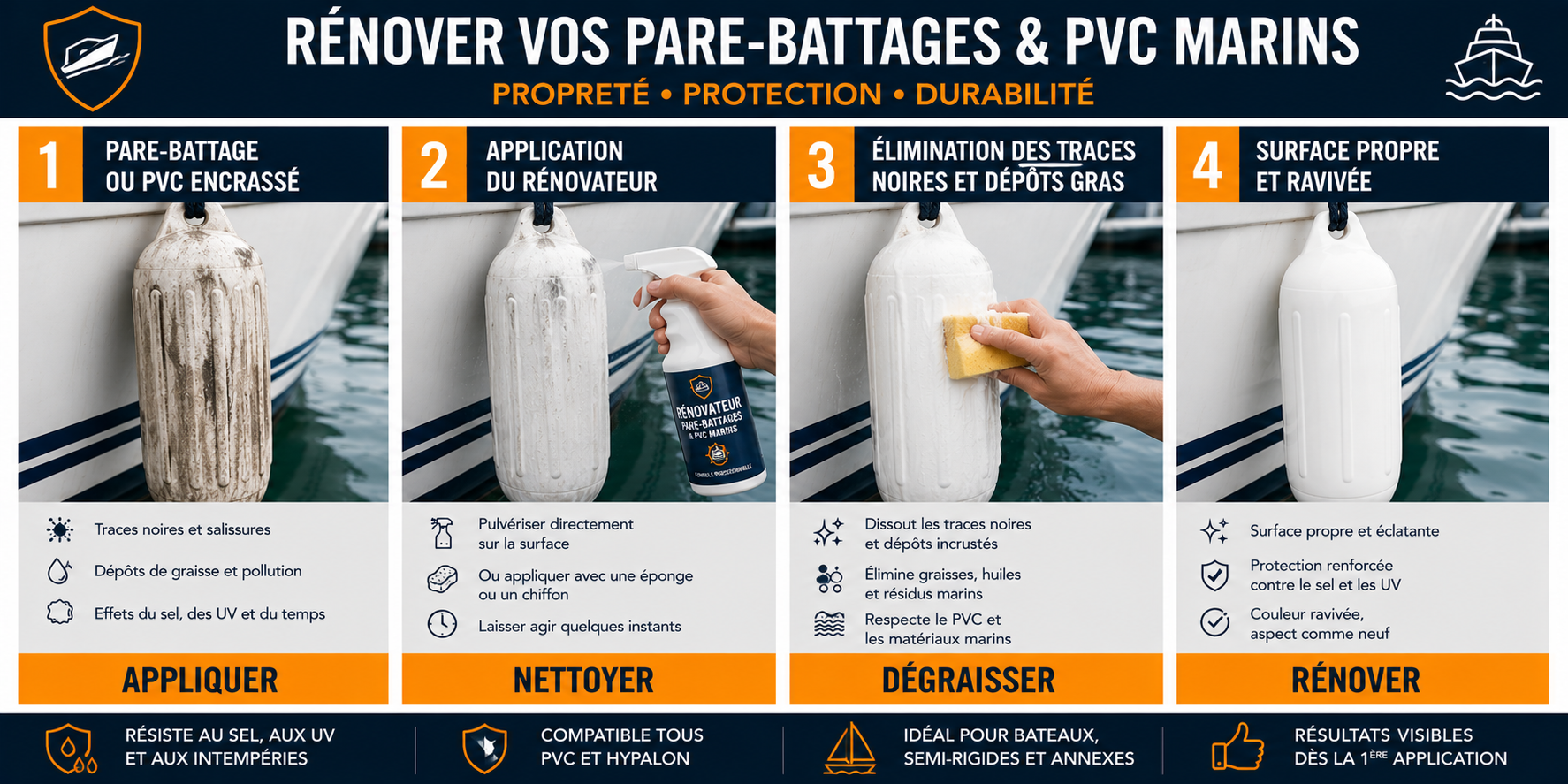 application r&eacute;novateur pare battage pvc bateau nettoyage d&eacute;graissage